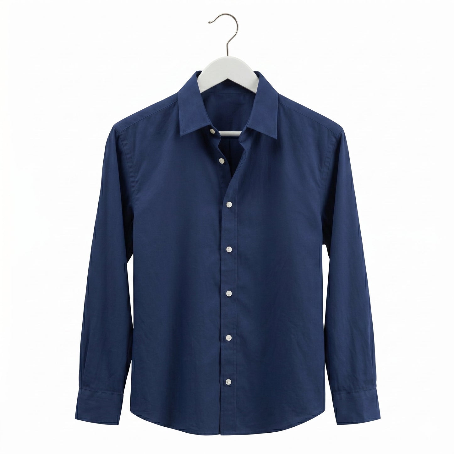 White commercial grade wooden coat hanger with metal hook and a blue colour shirt on