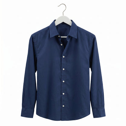 White commercial grade wooden coat hanger with metal hook and a blue colour shirt on