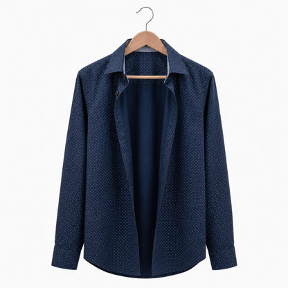 Navy blue patterned shirt on a hanger against a white background