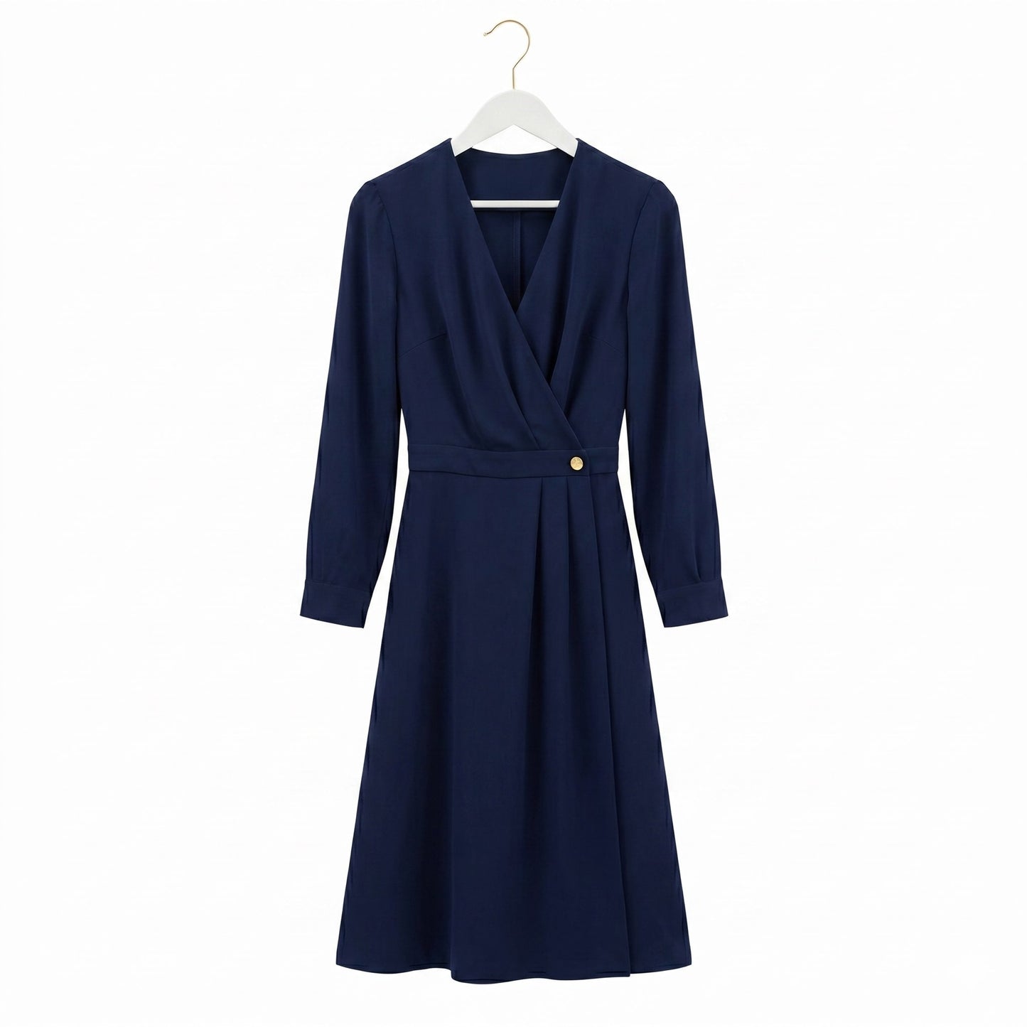 a Navy Blue Dress on a white wood hanger with gold hook