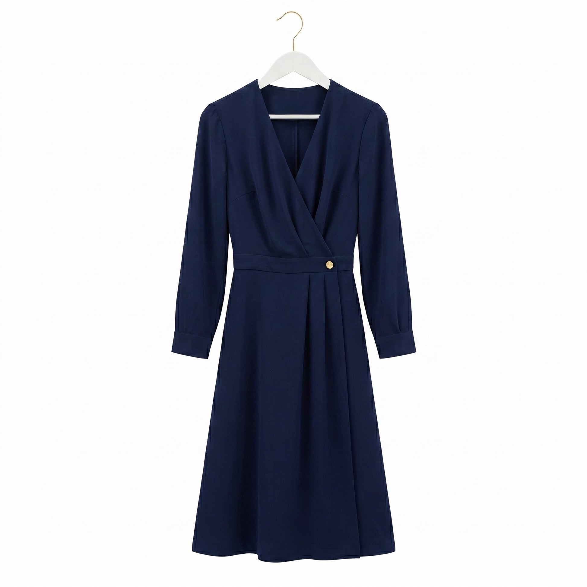 a Navy Blue Dress on a white wood hanger with gold hook