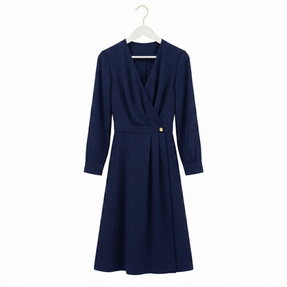 a Navy Blue Dress on a white wood hanger with gold hook