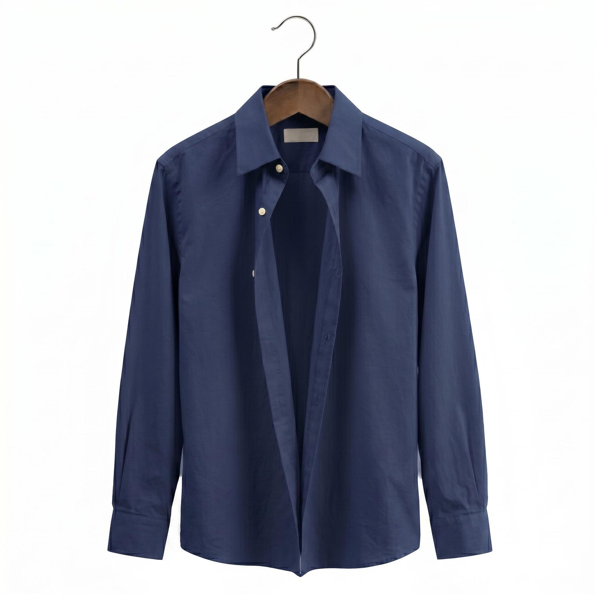 Blue shirt on a hanger against a white background