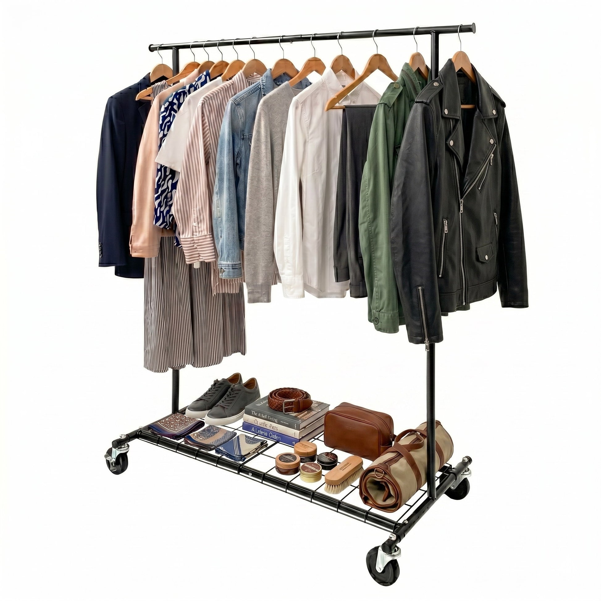 Clothing rack with clothes and shoes on a white background