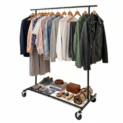 Clothing rack with clothes and shoes on a white background