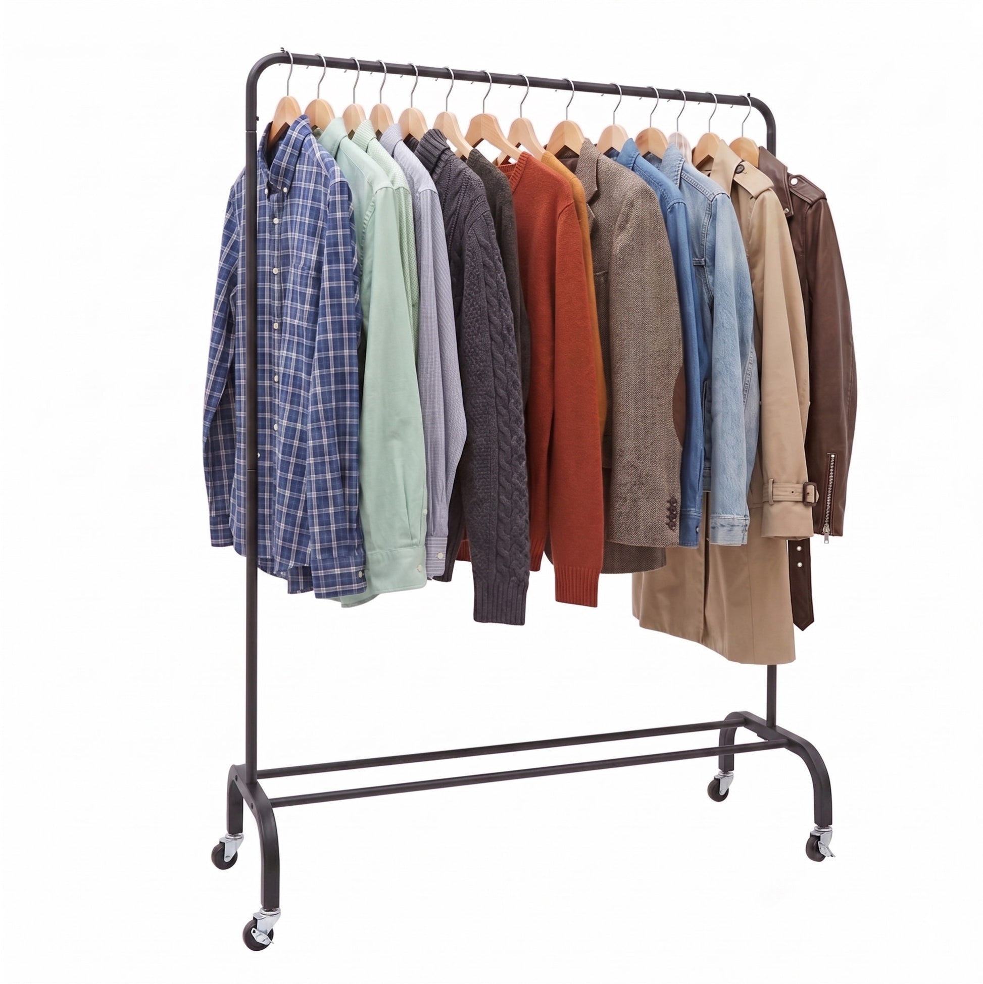 clothes hang on a Matte Black Clothes Rack with Wheels 