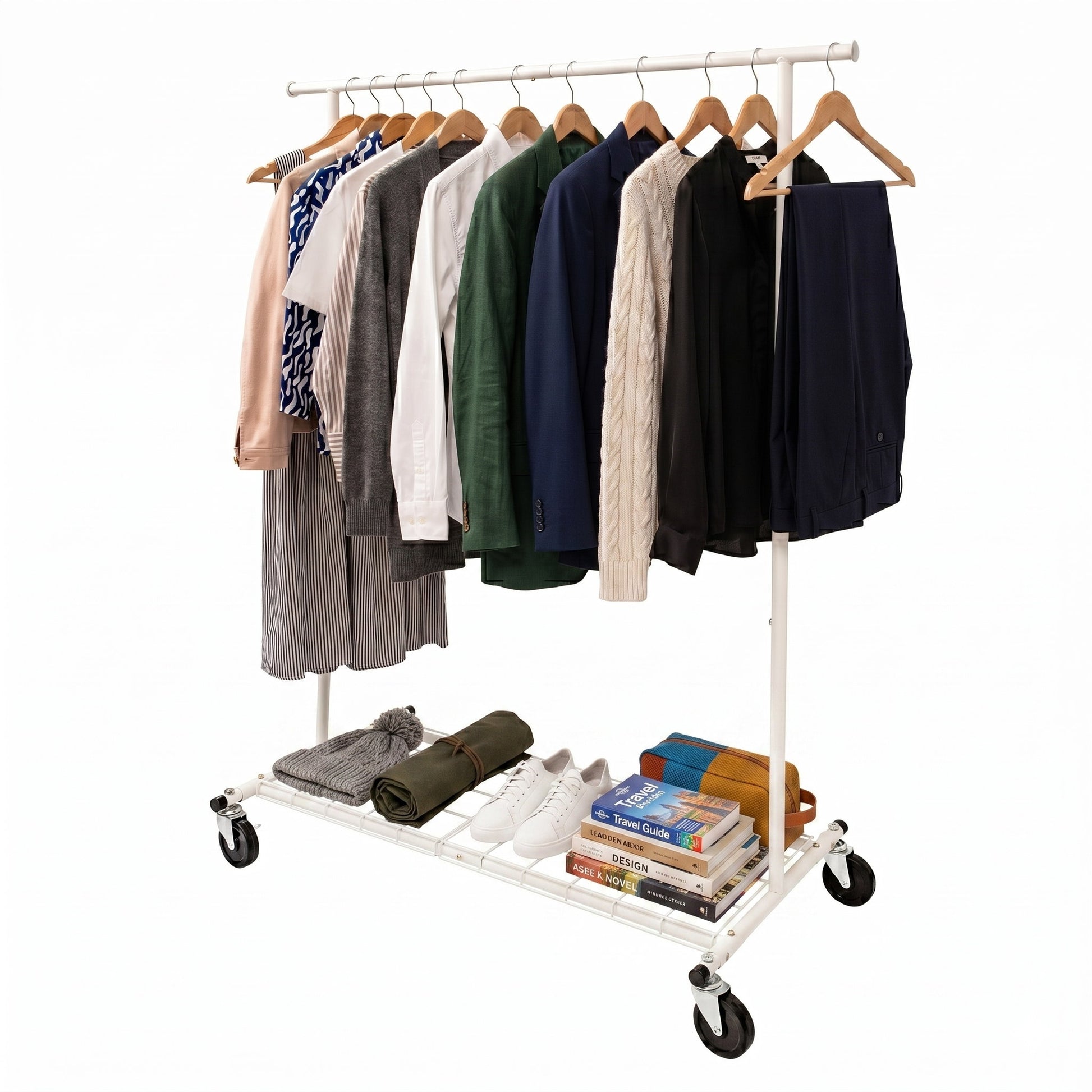 White Clothing rack with clothes and shoes on a white background