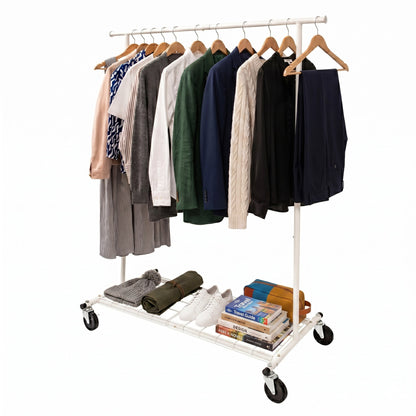 White Clothing rack with clothes and shoes on a white background