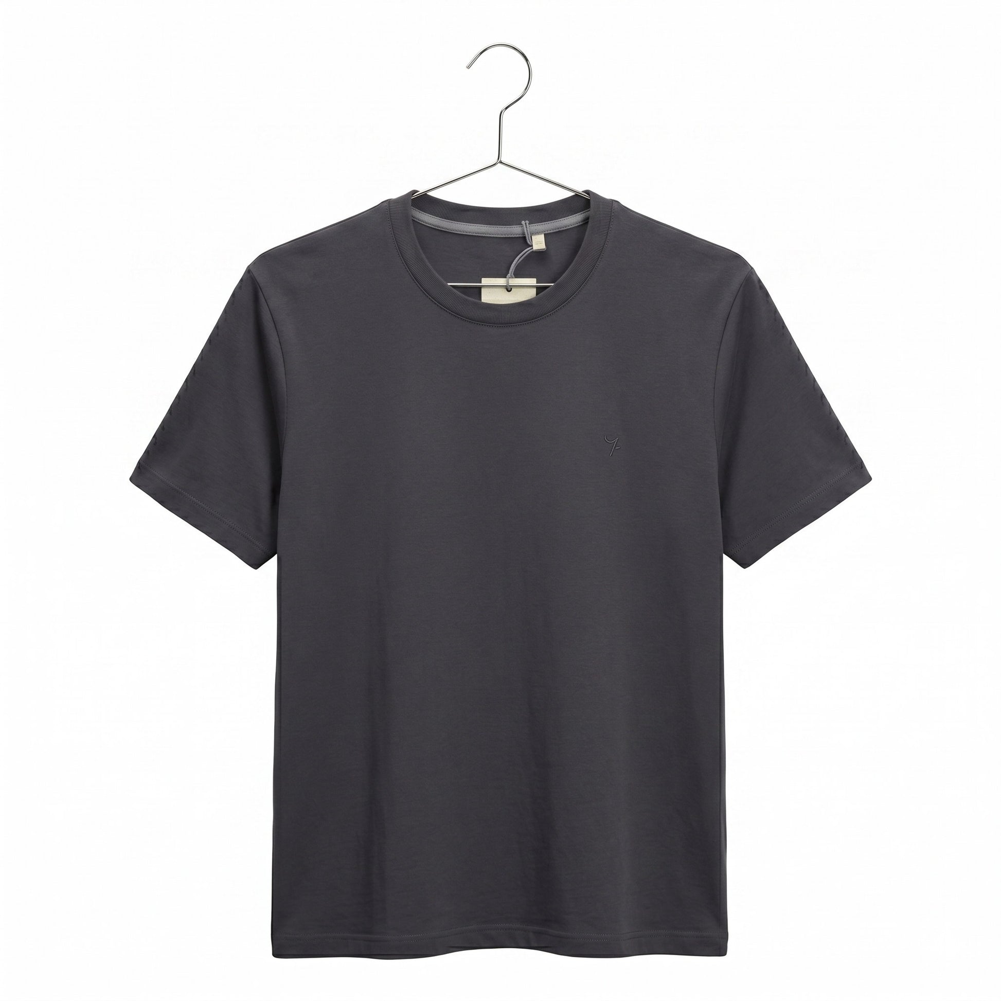 Grey short-sleeve shirt on a hanger against a white background