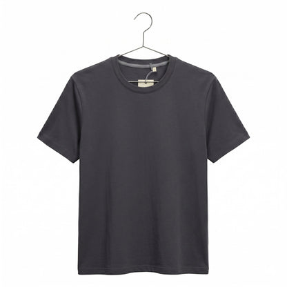 Grey short-sleeve shirt on a hanger against a white background