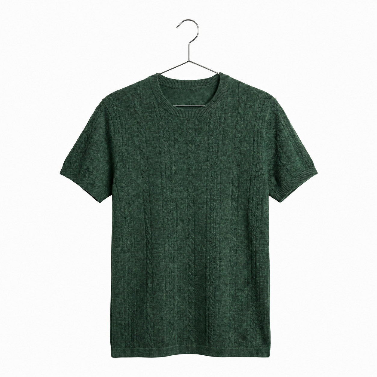 Green short-sleeve cashmere shirt on a chrome metal coat hanger against a white background