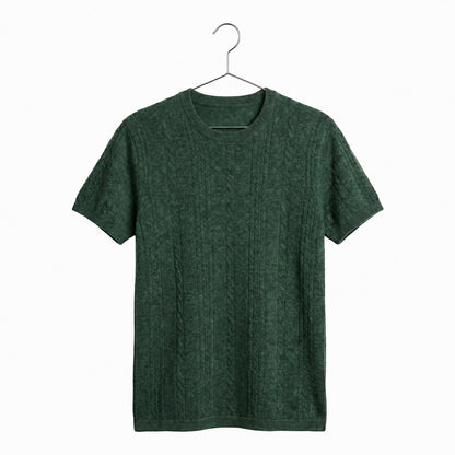 Green short-sleeve cashmere shirt on a chrome metal coat hanger against a white background