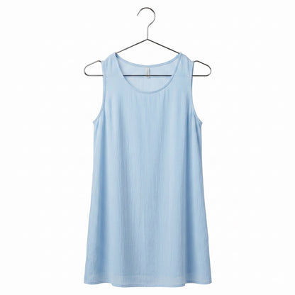 a light Blue Dress hang on a metal chrome hanger against white background