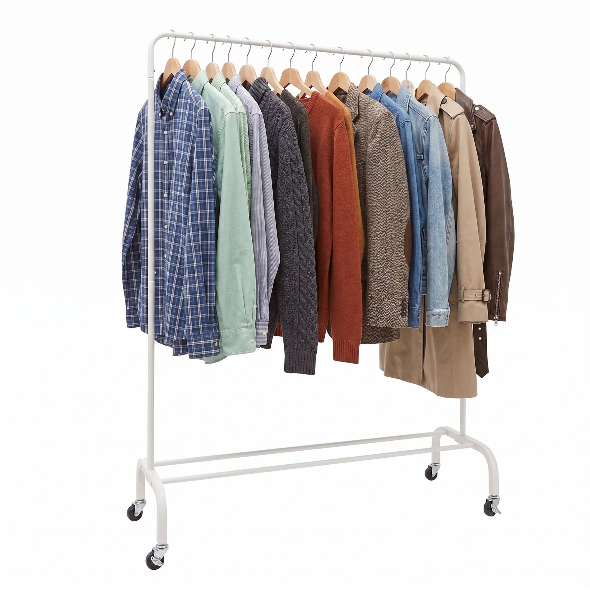 clothes hang on a Matte White Clothes Rack with Wheels 
