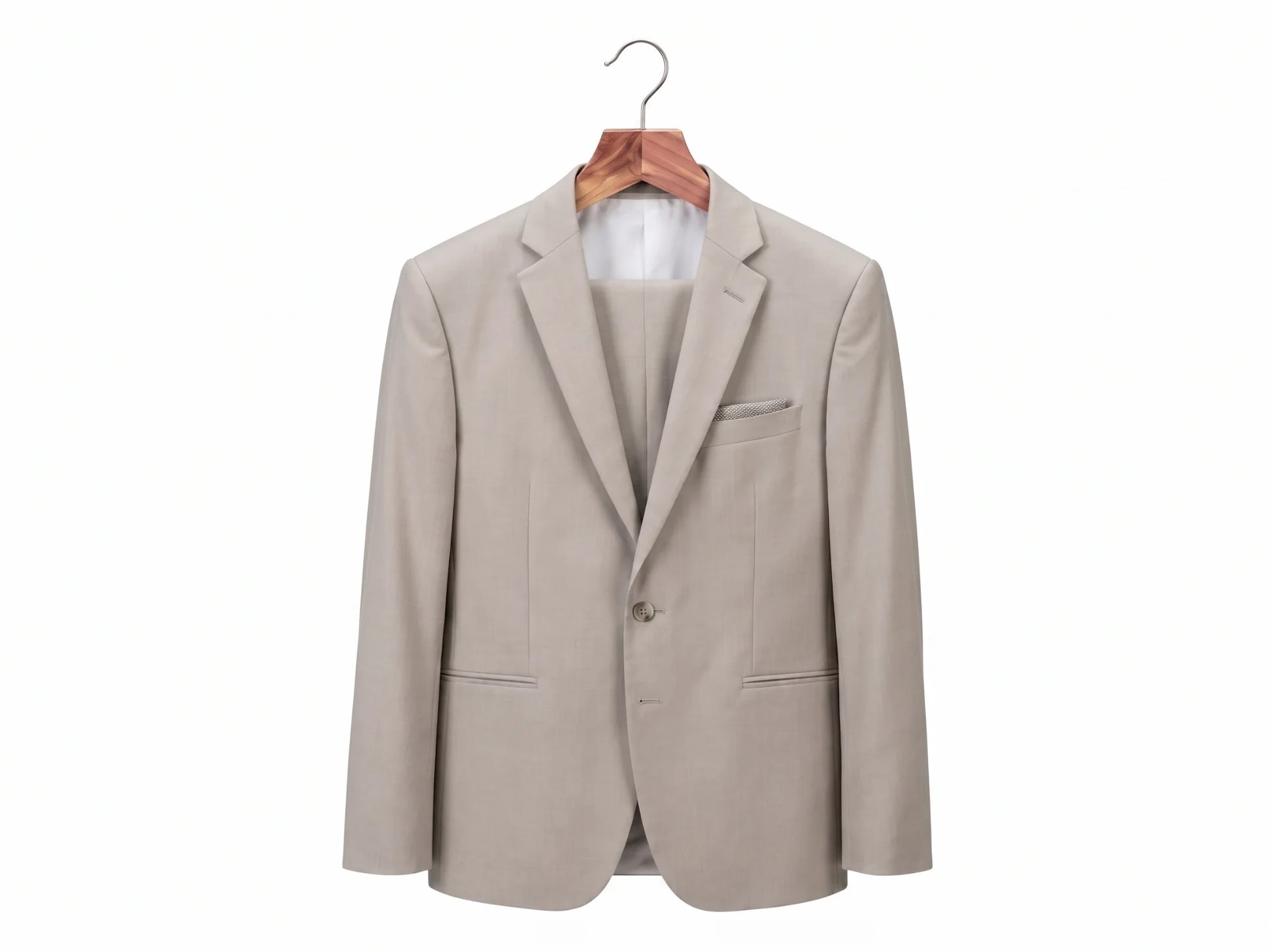 light beige suit on a cedar suit hanger