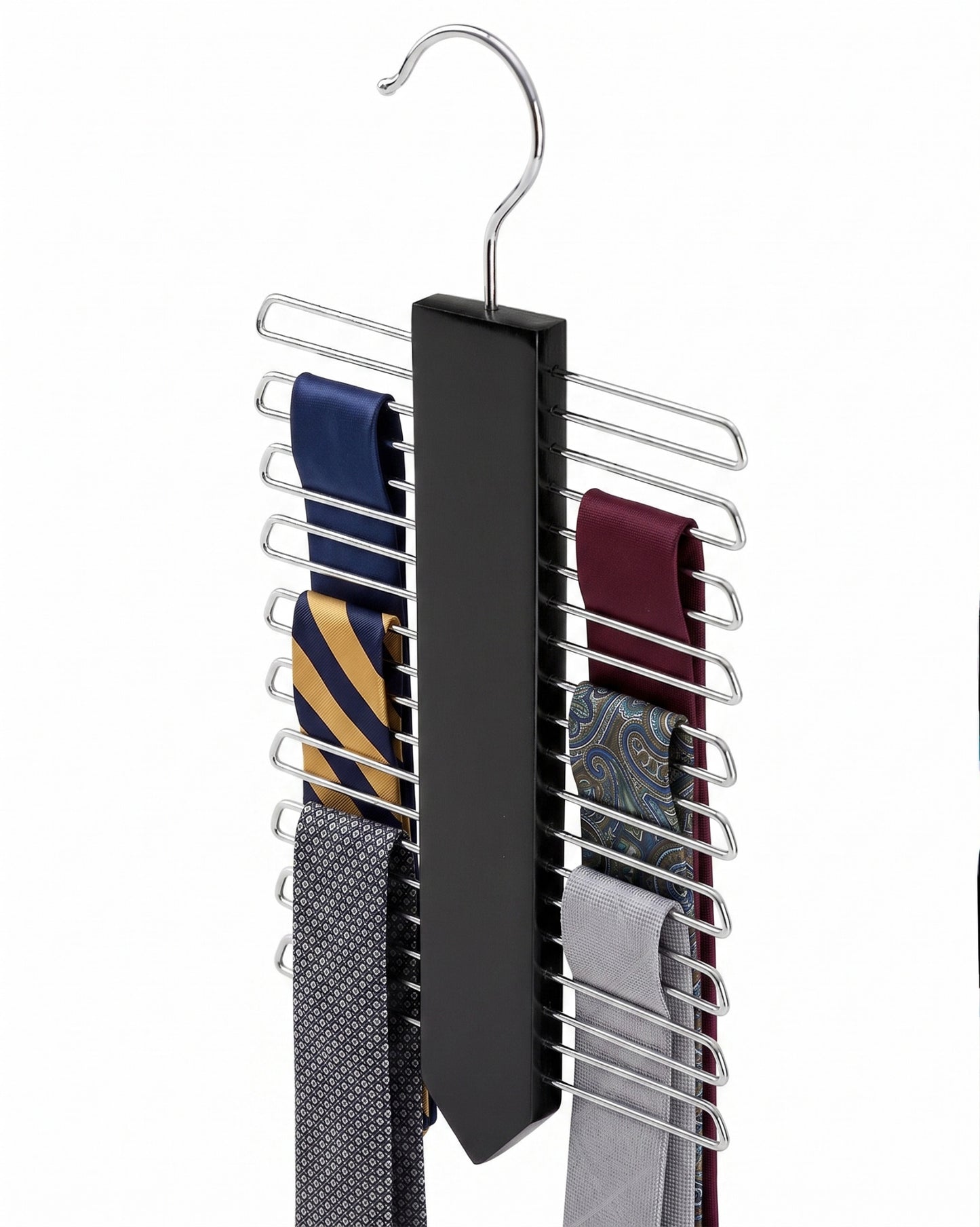 Tie rack holding multiple ties on a white background