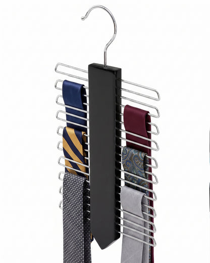 Tie rack holding multiple ties on a white background