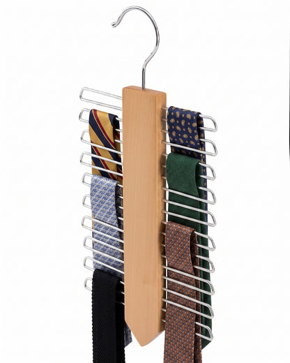 Tie rack with multiple ties on a white background