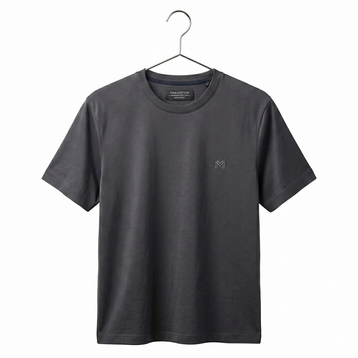 Gray t-shirt on a hanger with a visible brand logo against a white background