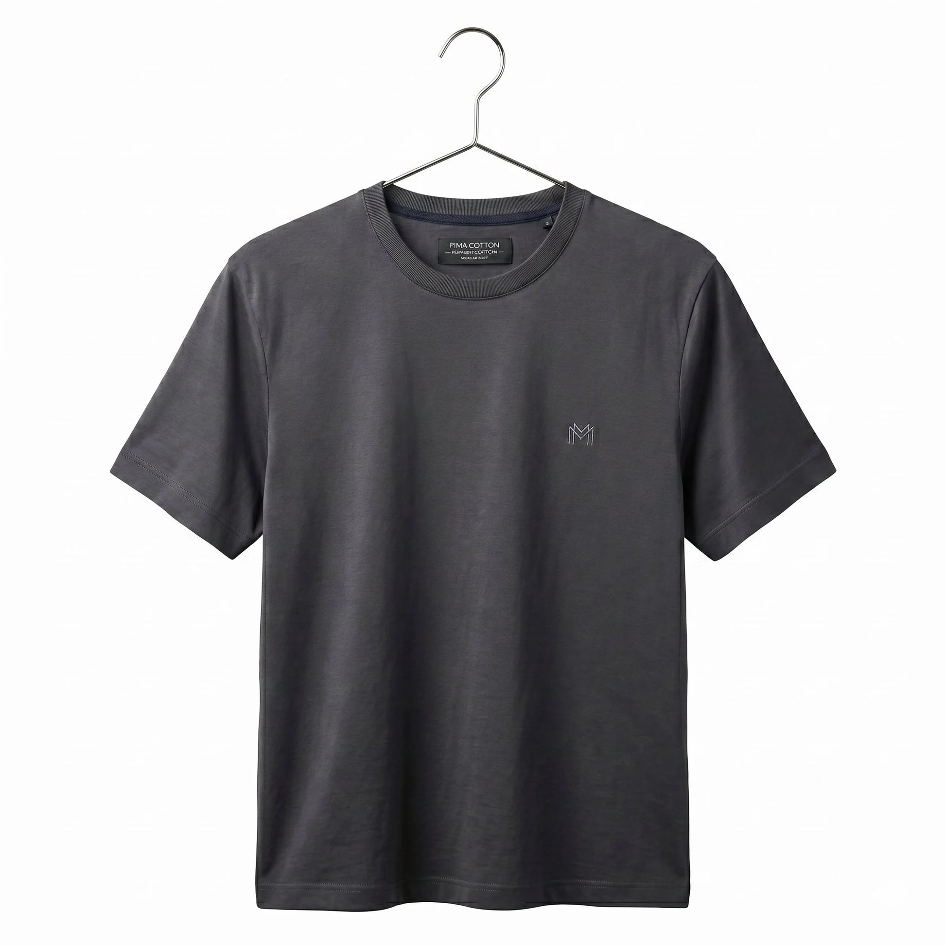 Gray t-shirt on a hanger with a visible brand logo against a white background