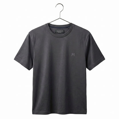 Gray t-shirt on a hanger with a visible brand logo against a white background