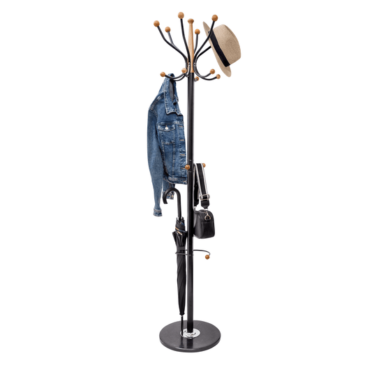 Coat Rack Stand With Heavy Duty Black Metal & Beech Wood Ball - Solid Marble Base - Hangersforless