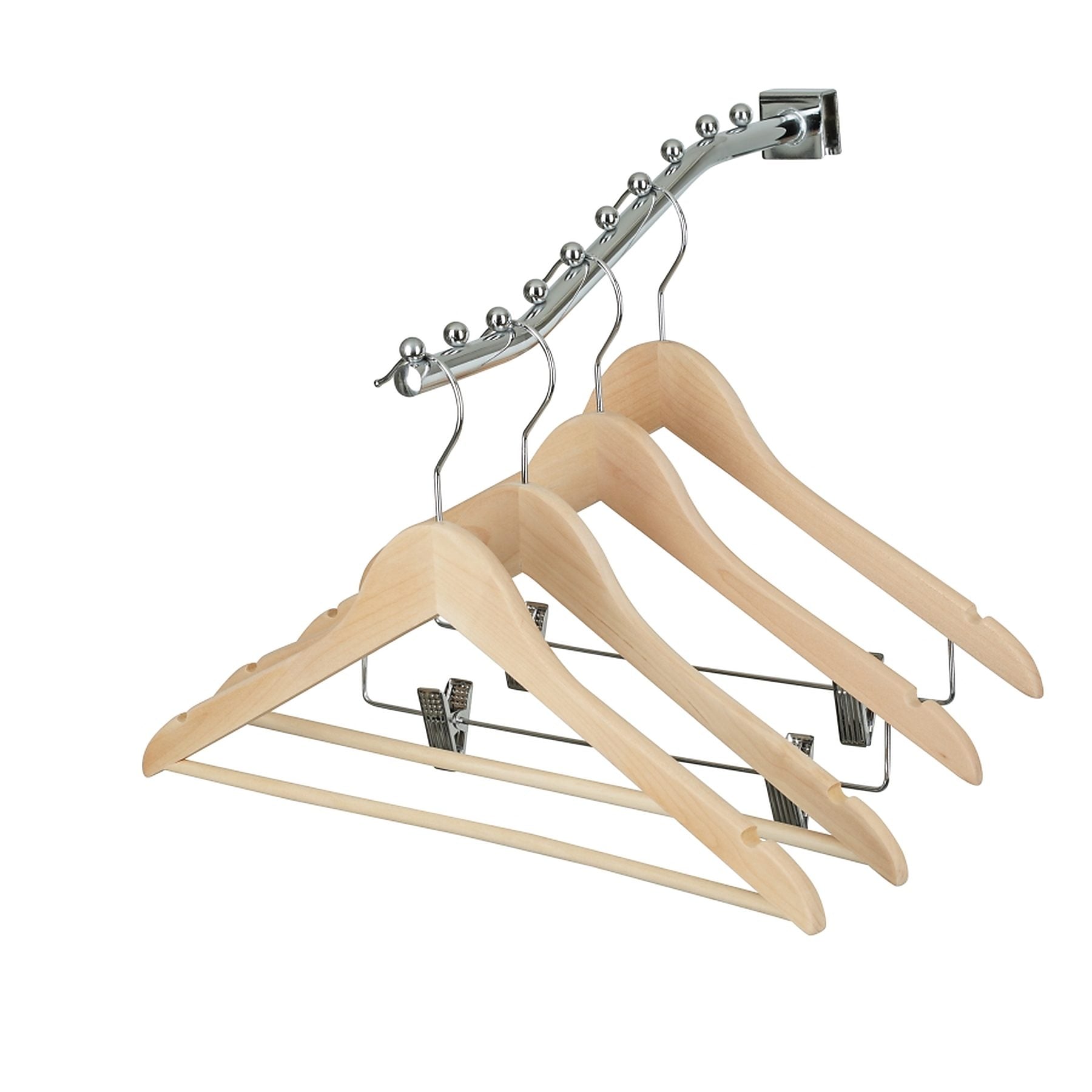 Set of wooden hangers with a metal rod on a white background