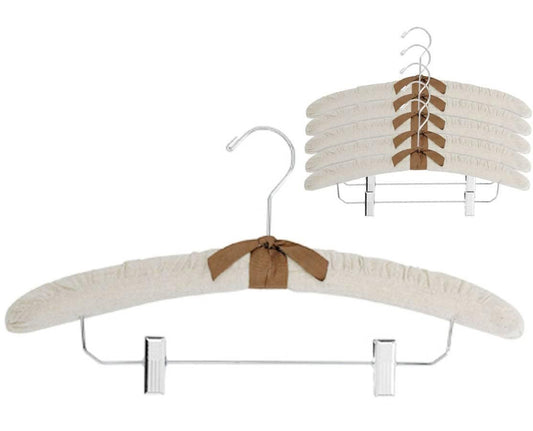 Padded Coat Hangers With Chrome Hook & Clips - Natural Linen - 38cm X 45mm Thick (Sold in Bundles of 25/50) - Hangersforless