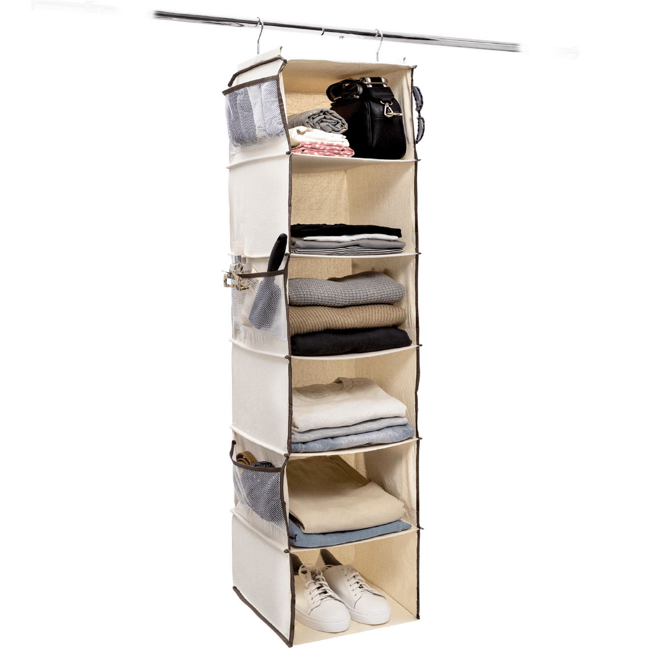 100% Cotton Canvas Hanging Organiser with Durable Layers  & Six Side Mesh Bags - Hangersforless