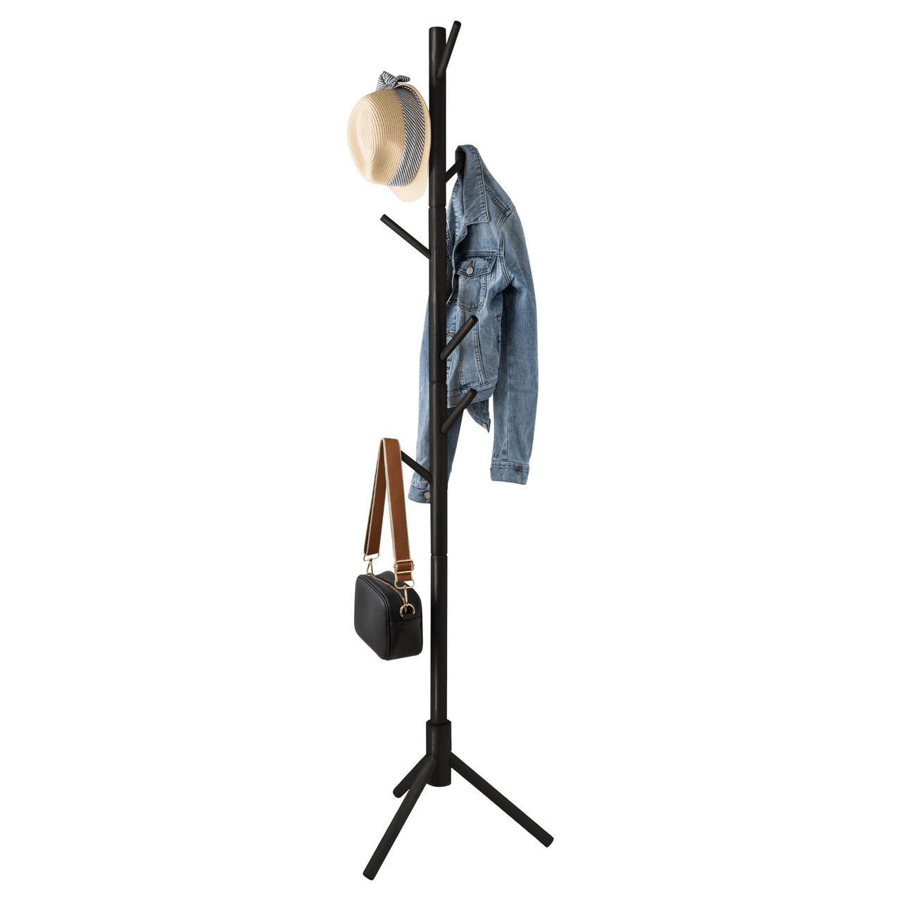 Black Wood Coat Rack Stand, 8 Hooks - Solid Oak - Easy Installation - Hangersforless
