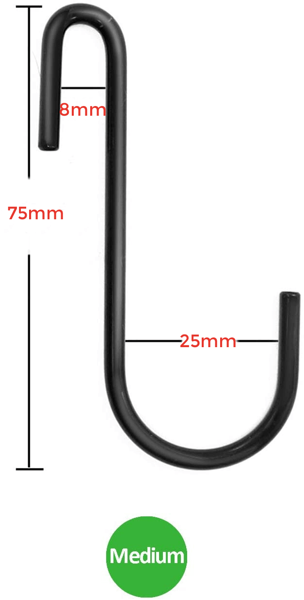 Heavy Duty S Metal Hooks -Medium - Matte Black 304 Stainless Steel (4mm Thick)- Sold in 5/25/50 - Hangersforless