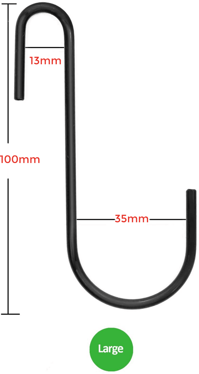 Heavy Duty S Metal Hooks -Large - Matte Black 304 Stainless Steel (4mm Thick)- Sold in 5/25/50 - Hangersforless