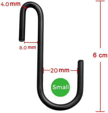 Heavy Duty S Metal Hooks -Small - Matte Black 304 Stainless Steel (4mm Thick)- Sold in 5/25/50 - Hangersforless