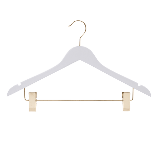 White Wooden Premium Combination Hanger w/Brass Hook & Clips - 43cm X 12mm Thick Sold in 5/25/50 - Hangersforless
