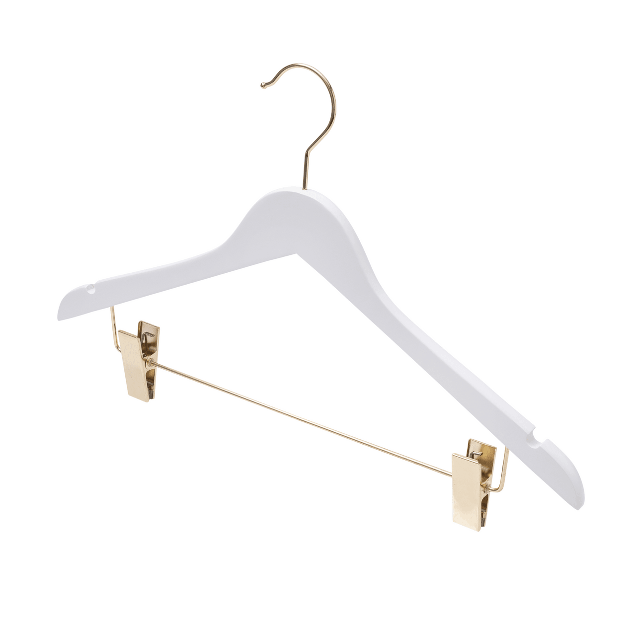 White Wooden Premium Combination Hanger w/Brass Hook & Clips - 43cm X 12mm Thick Sold in 5/25/50 - Hangersforless