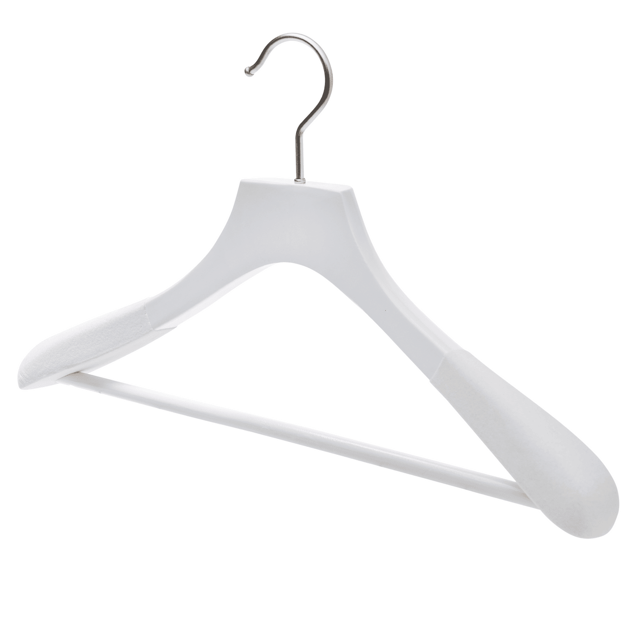 White Wood Coat Hanger With Bar - 46cm X 50mm Thick Shoulders with White Velvet Coating Sold 5/10/20 - Hangersforless