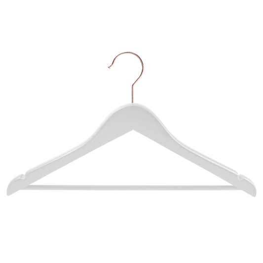 White Wood Premium Hangers With Rose Gold Hook - 43cm X 12mm Thick (Sold in 25/50) - Hangersforless