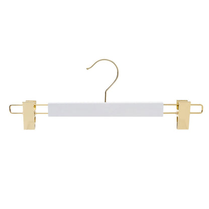 White Wooden Premium Pant Hanger w/Brass Hook & Clips - 35cm X 12mm Thick Sold in 5/25/50 - Hangersforless