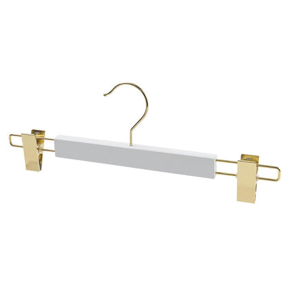 White Wooden Premium Pant Hanger w/Brass Hook & Clips - 35cm X 12mm Thick Sold in 5/25/50 - Hangersforless