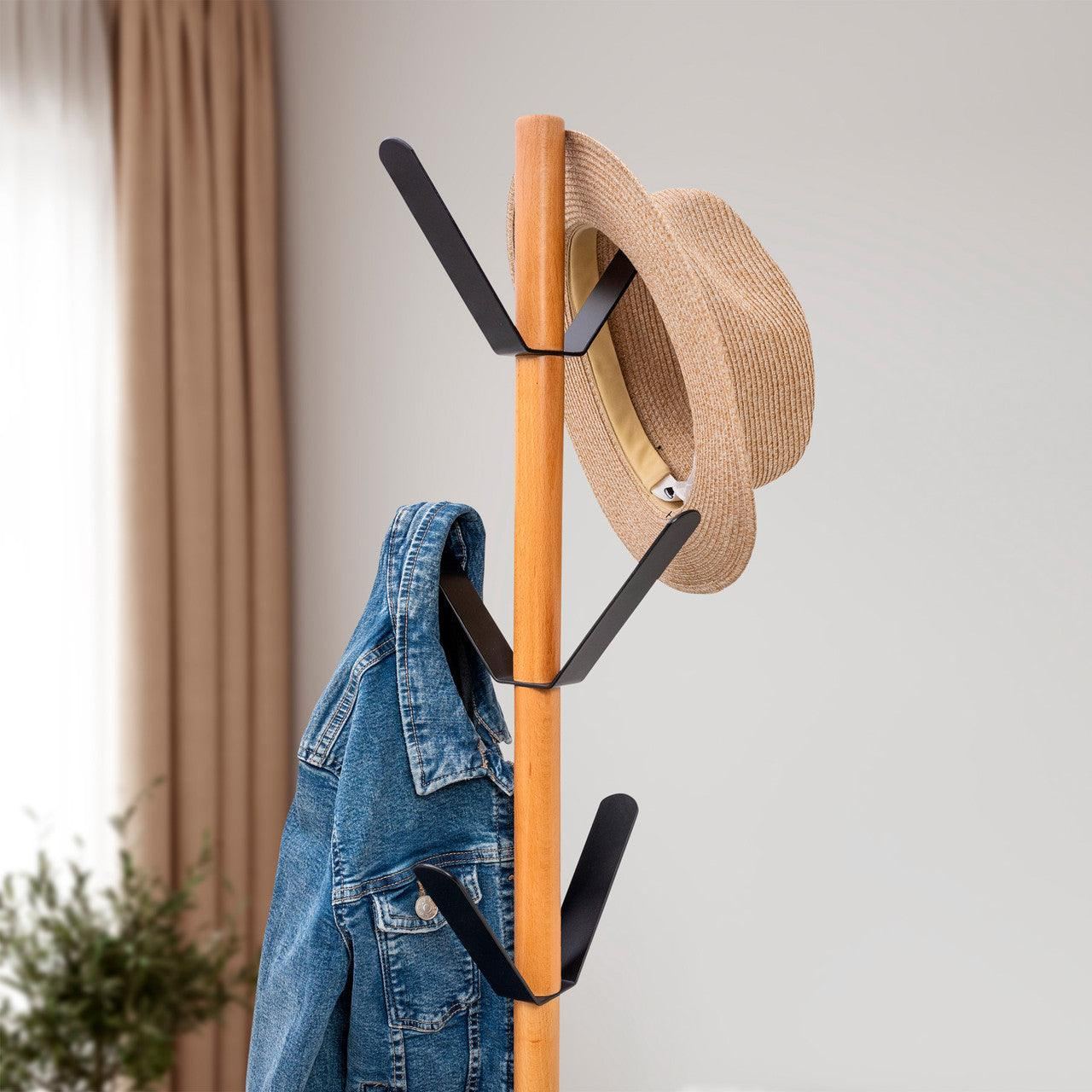 Coat Rack With Heavy Duty Metal Pegs & Beech Wood  Pole - Solid Marble Base - Hangersforless